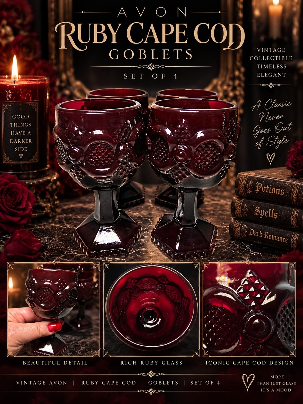 🖤🥀 Avon Ruby Cape Cod Goblets – Deep Ruby Red Set of 4 🖤🥀